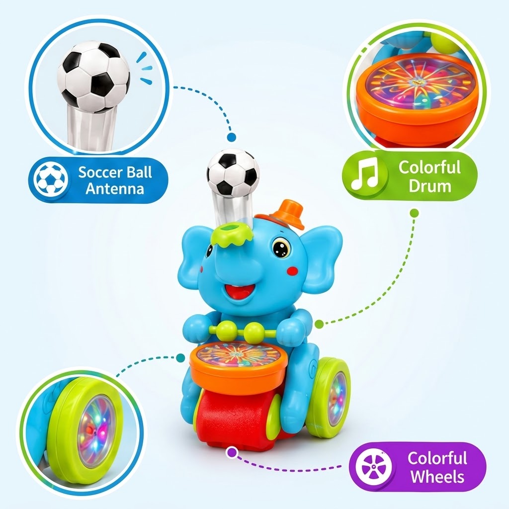 Musical Elephant Toy for Kids – Dancing & Drumming Elephant with Music, Bump & Go Function, Educational Interactive Toy