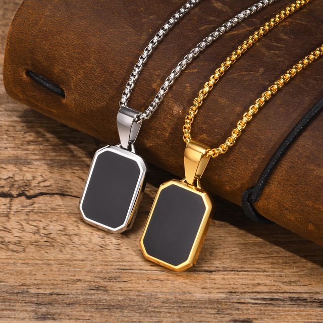 "Men's Bold Black Pendant Necklace – Luxury Stainless Steel Chain in Gold & Silver, Trendy Rectangle Design"