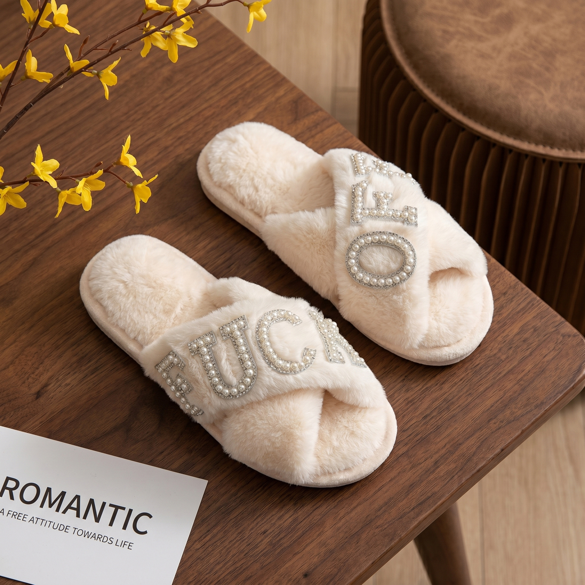 Light Luxury Black Cross-Strap Plush Home Slippers with Pearl Rhinestone Letters, Quirky and Unique, Non-Slip Soft Sole Indoor Slippers, Same Style as European and American Influencers, Women's Warm Thick Plush Bedroom Guest Slippers, Comfortable Plush...