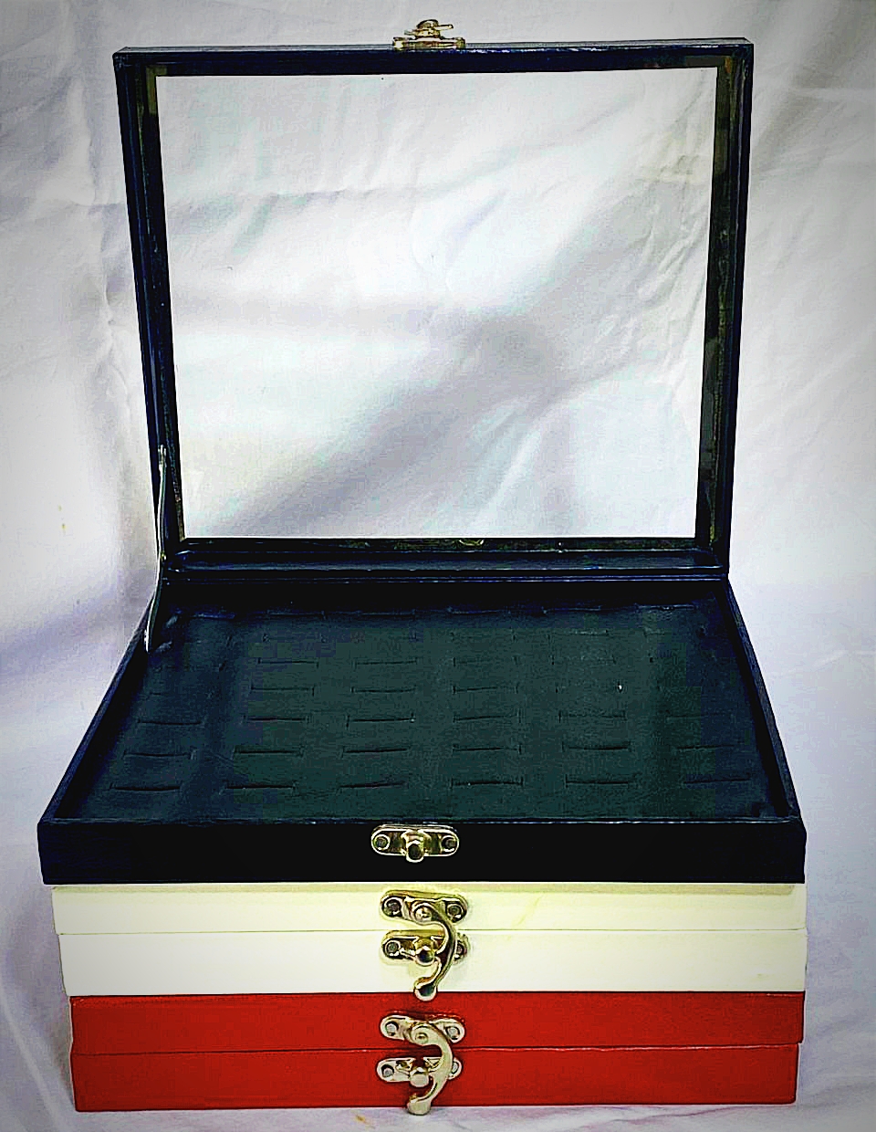 42 Slots Ring Organizer Display Case,Black Jewelry Storage Tray Boxes for Multiple Rings,Glass Lid,Stackable