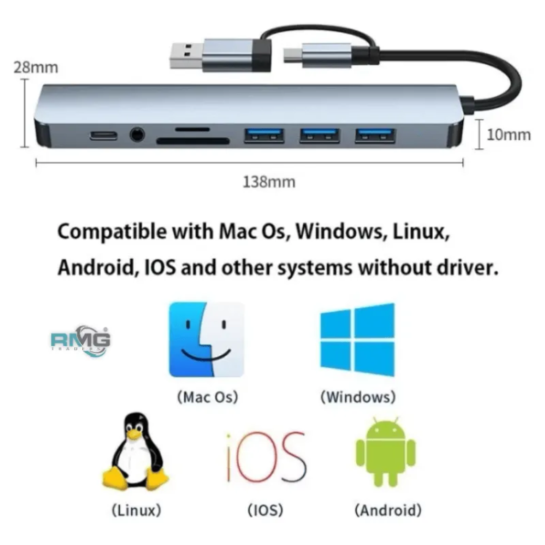FunBug USB 3.0 Hub 4, 7 & 8 Port Extension for Mobile Gaming PC Laptop ~ Super-fast Type-C Multi Splitter Adapter with SD/TF/AUX for Windows / Android / PS4 / Phone / Tablet / Computer / Keyboard & Mouse