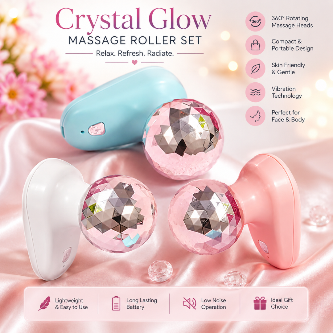 Crystal Glow 360° Rotating Massage Roller Set Portable Face & Body Massager Skin Care Beauty Tool Electric Vibration Massage Roller for Face Neck Arms Legs