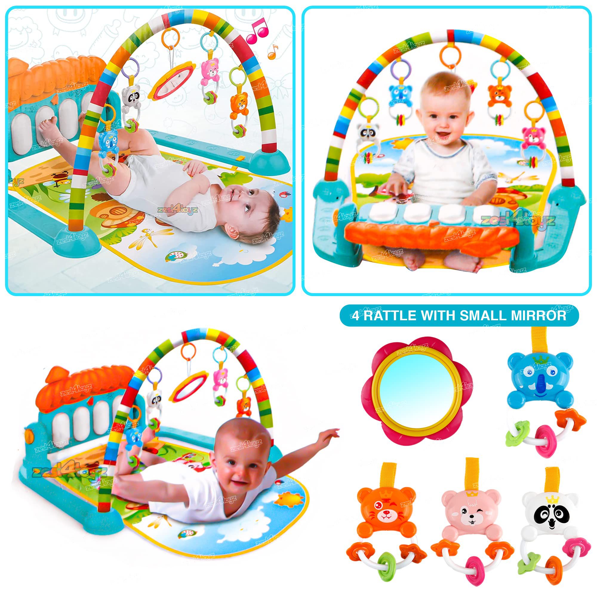 Baby Play Mat Gym & Fitness Rack with Hanging Rattles Lights & Musical Keyboard Mat Piano Multi-Function
