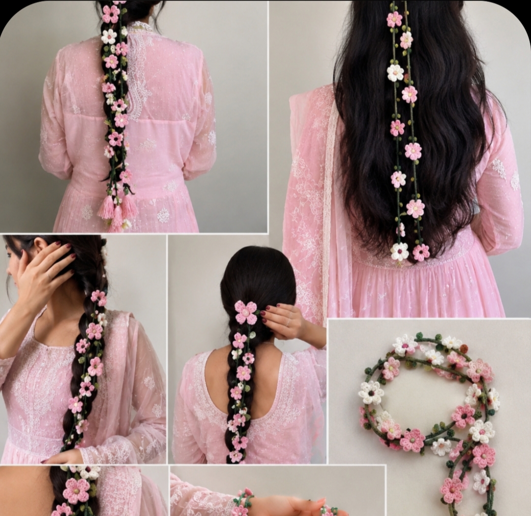 Crochet Hair Parandi Handmade Floral Hair Braid | Pakistani Style Pink Flower Parandi for Girls & Women
