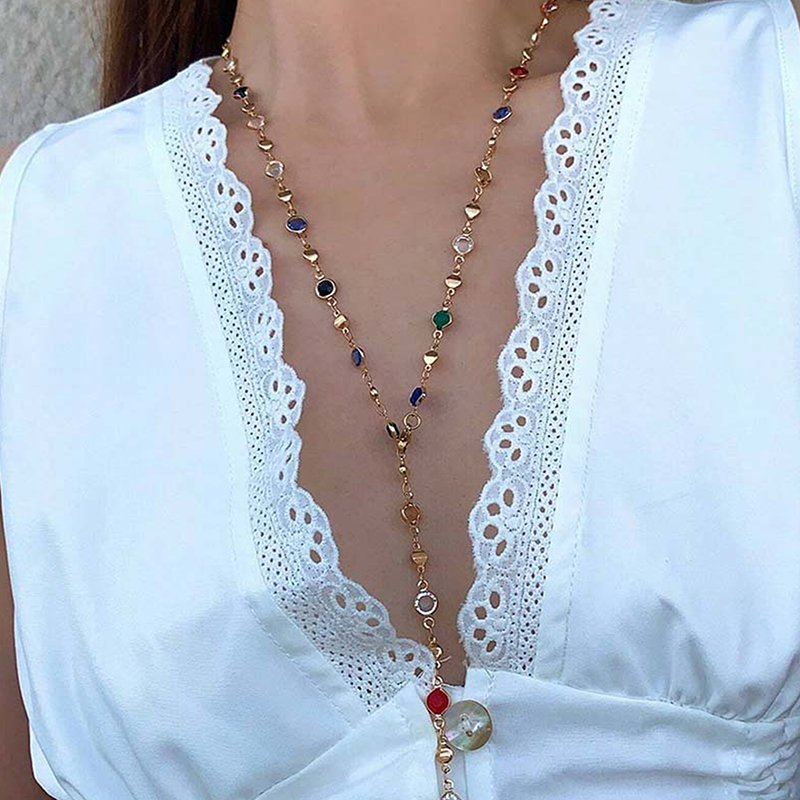 Fashion Colorful Glass Long Y-shaped Necklace Metal Collarbone Chain Gold Silver Color Tassel Necklace Party Body Jewelry