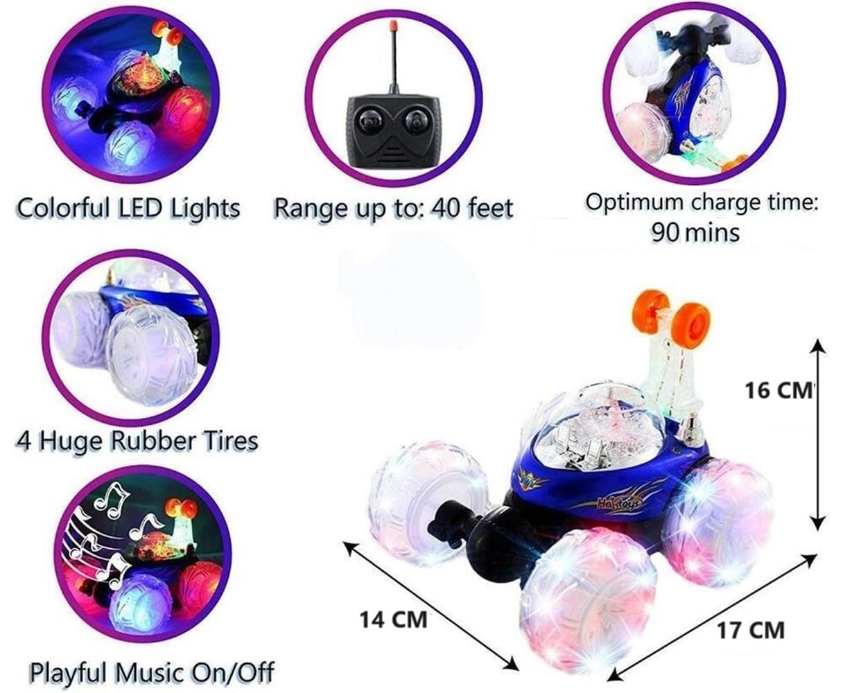 Rechargeable 360 Degree Rotation Stunt King Remote Control Stunning Moves Car Toy for Kids with Colorful Flashing Lights and Dynamic Music - Multicolor (Color As Per Stock)