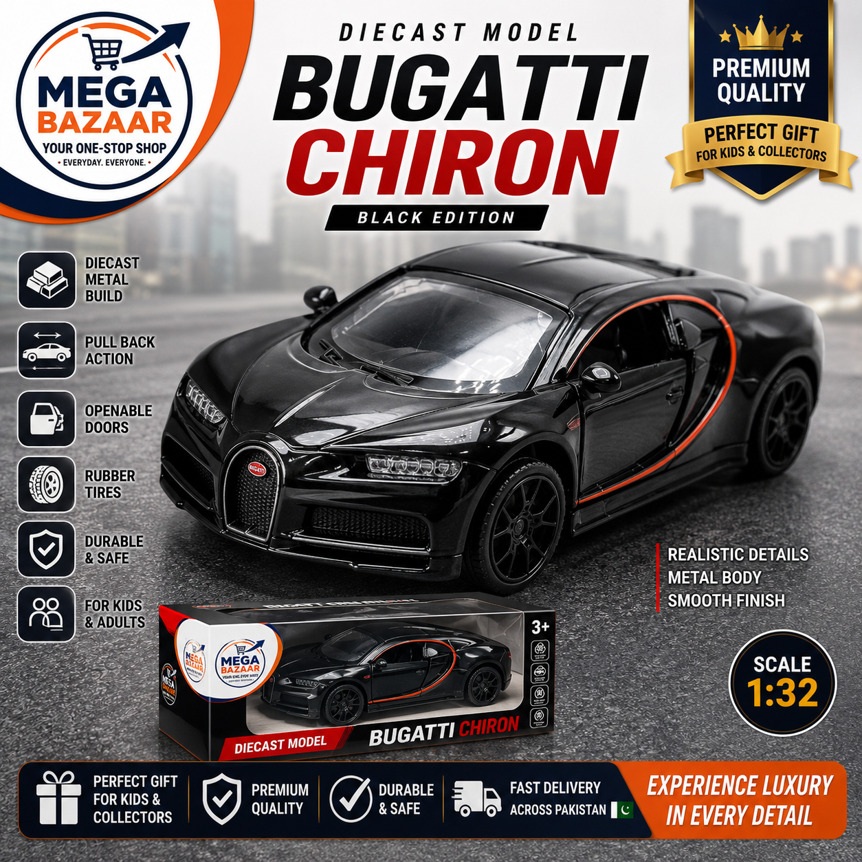 Bugatti Chiron Diecast Metal Toy Car 1:32 Scale Black Edition Pull Back Openable Doors For Kids and Collectors