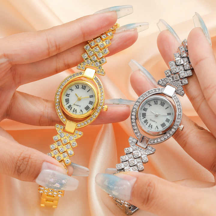 HOT DEALS NO 1 Luxury 2024 Brands Gold Women Quartz Watches Full Diamond Encrusted Seashell Surface Design Fashion Stainless Steel Strap Watch