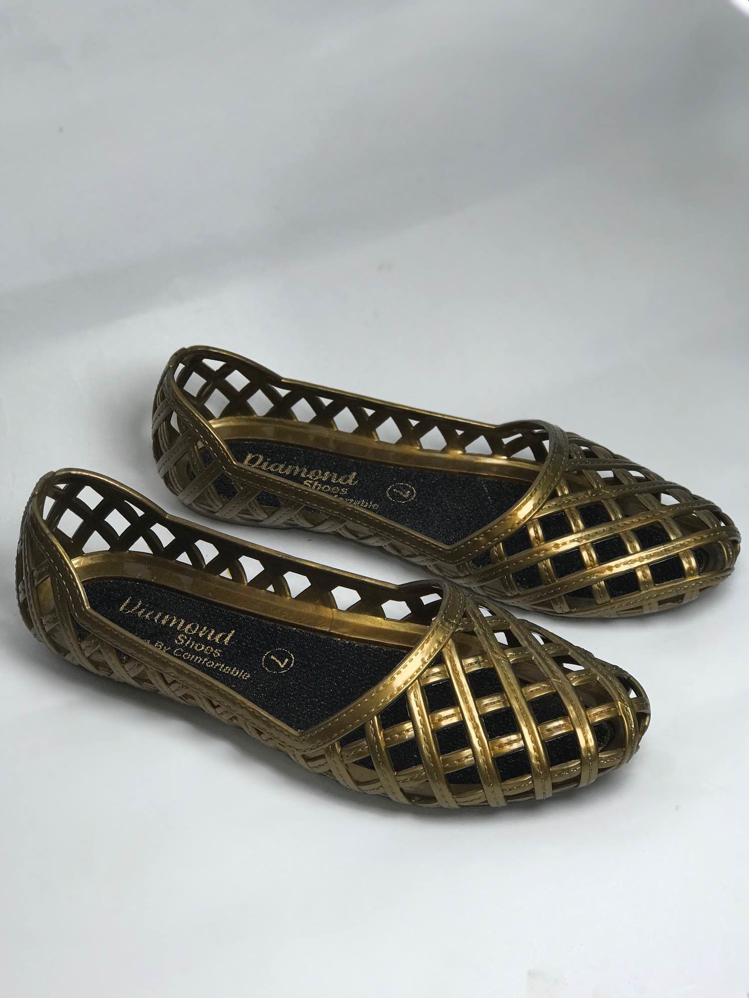 New Arrivals Diamond Shoes Premium Golden Jelly Lattice Flats For Women | Waterproof Summer Sandals | Comfortable Party Wear Ballerina Pumps