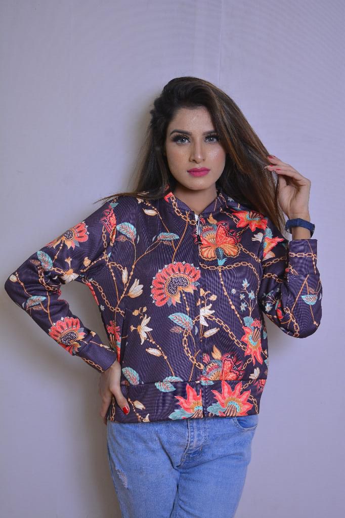 Women Jackets / Women Tropical Blooming Florals All Over Printed Bomber Jacket