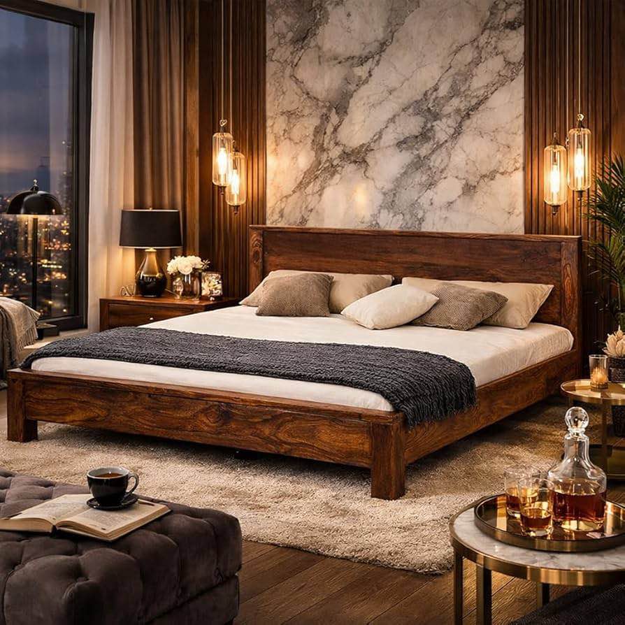 Sheesham Wood King Size Bed for Bedroom Living Room| Solid Wood Platform Bed Without Storage for