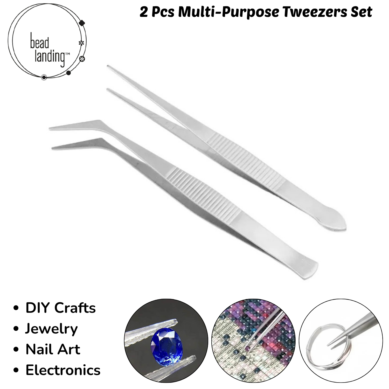 2 Pcs Stainless Steel Precision Tweezers Set – Straight & Curved Tip for Jewelry Making, Beads, Rhinestones, Electronics Soldering & DIY Repair