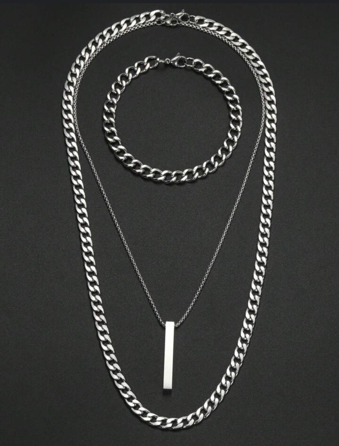 3 Pcs/ Men's 3D Vertical Nacklace Geometry Stainless steel Cuban Nacklace/ Chain  Temperman Neck chain +Braclate Trendy Nacklace Gift For Men &Boys
