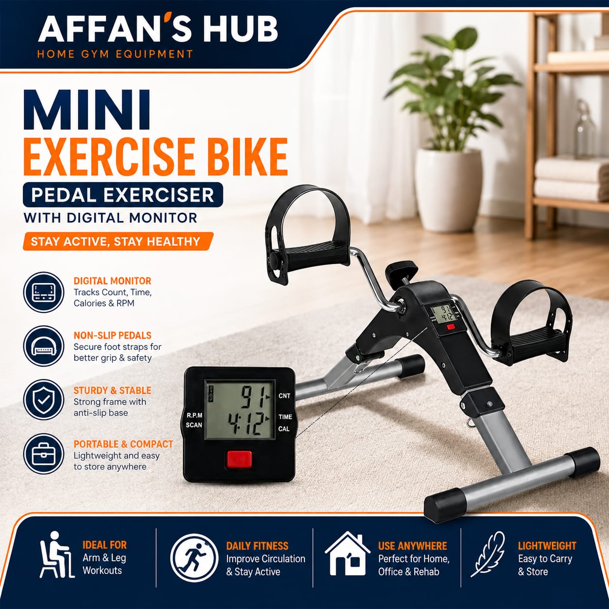 AFFAN'S HUB -  Home Gym Equipment - Mini Exercise Bike Pedal Exerciser with Digital Monitor & Without Digital Monitor Under Desk Fitness Cycle for Arms & Legs Rehab - Perfect For Home Exercise Gym Accessories
