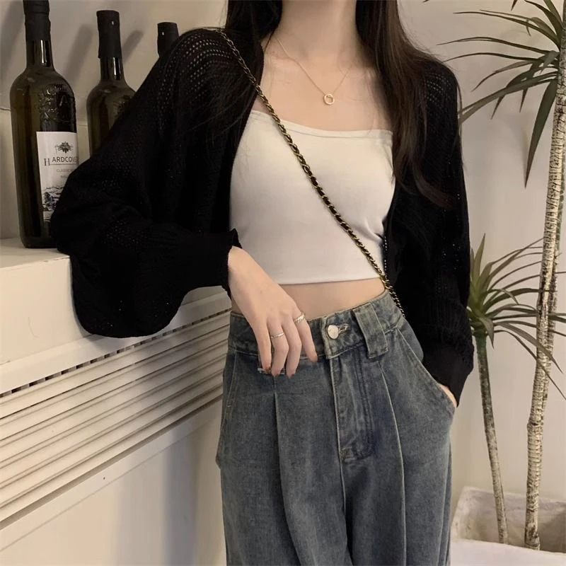 Fashion Hollow Out Sunscreen Cardigan Women Lantern Sleeve Thin Short Knitted Cardigans Woman Elegant Simple Crop Smock Top