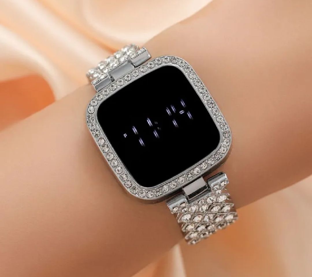 Stylish Women’s Luxury Diamond Watch – Stainless Steel Band LED Touch Electronic Watch