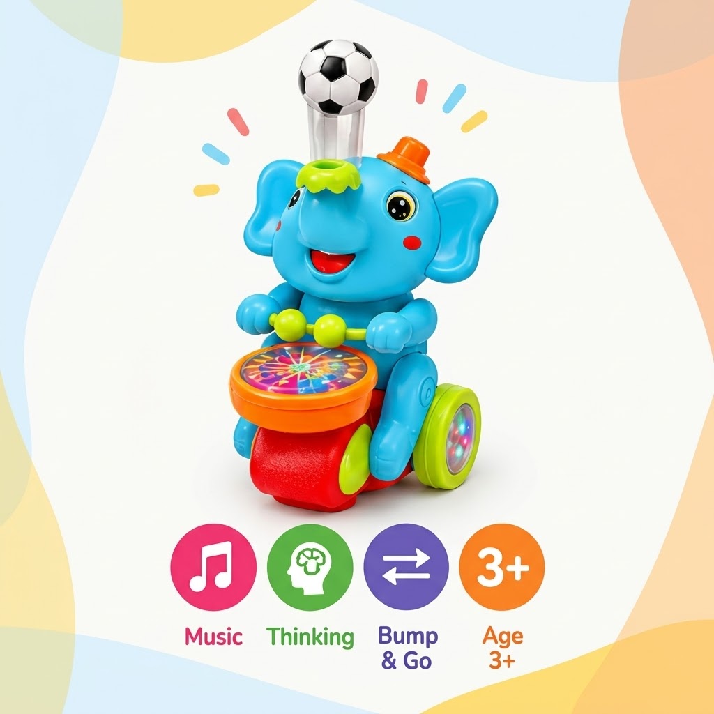 Musical Elephant Toy for Kids – Dancing & Drumming Elephant with Music, Bump & Go Function, Educational Interactive Toy