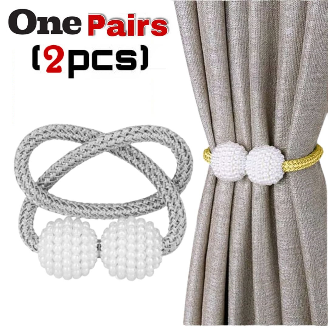 2PCs Magnetic Pearl Curtain Buckle Magnetic Curtain Tiebacks Convenient Drape Tie European Style Decorative Weave Rope Curtain Rings & Buckles Holder for Window Sheer Blackout Draperies, Parday