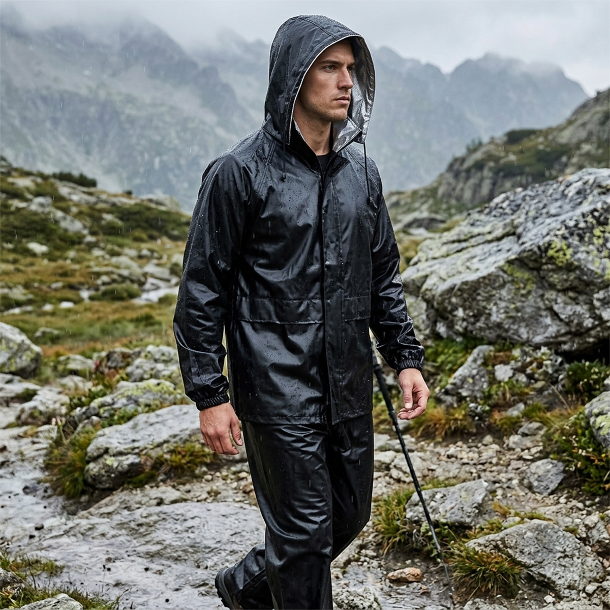 Rain Suit Set For Men Waterproof Polyester Fabric Lightweight Hooded Style Black Color