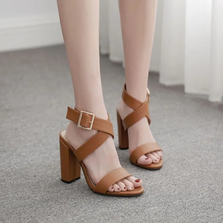 Women Brown Block Heel Sandals | Stylish Ankle Strap High Heels for Girls & Ladies