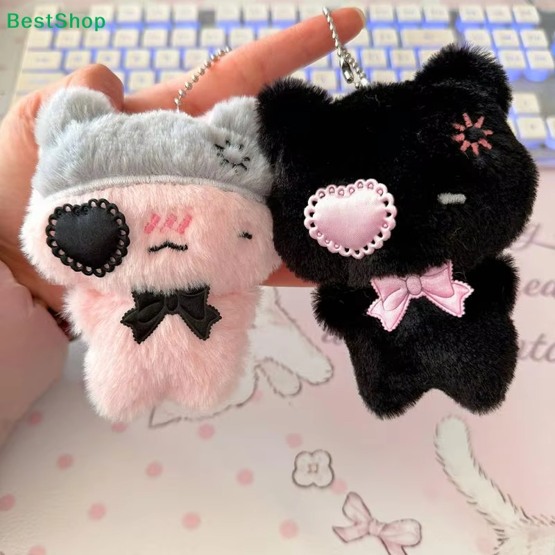 Cute Cartoon Plush Kitty Keychain Kawaii Black & Pink Cat Doll Backpack Decoration Pendant Bag Charm Accessory 