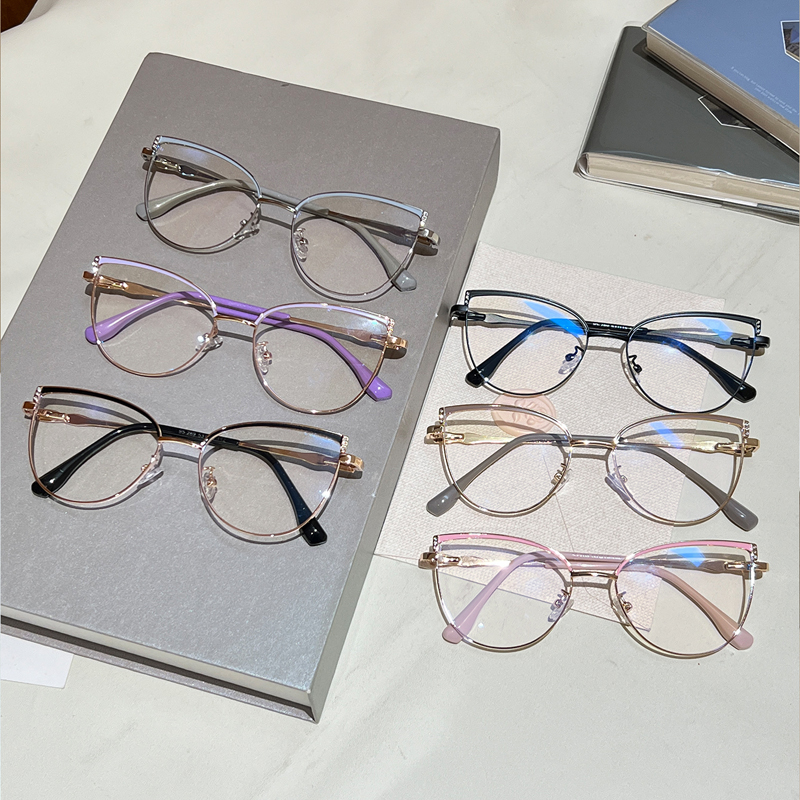 KAMMPT Cat Eye Glasses with Rhinestones Women Fashion Blue Light Blocking Optical Frames Trendy Vintage Metal Rim Decor Eyewear