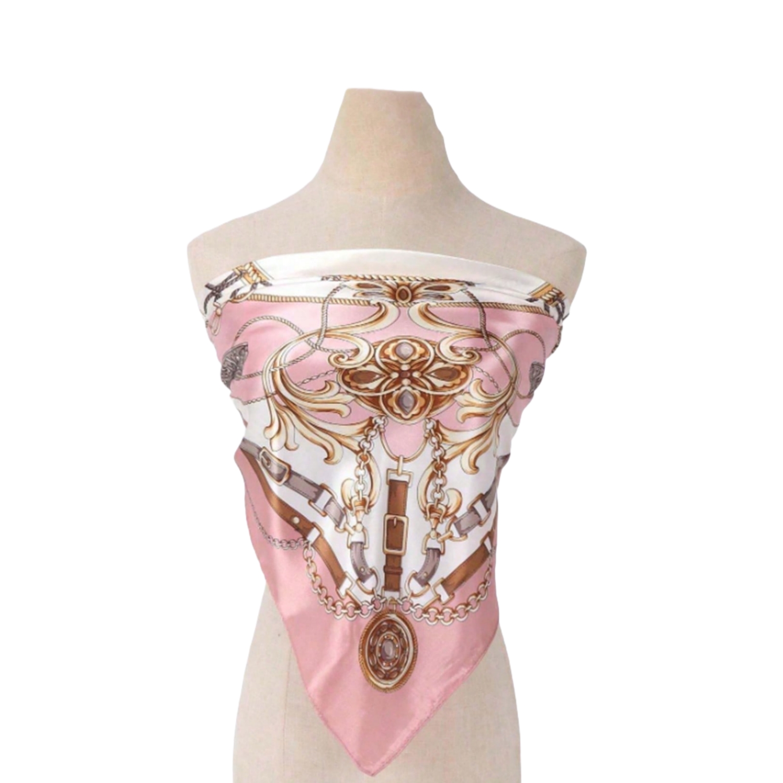 Pink Silk Scarf Hair Wrap, Vintage Chain Pattern Elegant Satin Headscarf, Large Square Hair Scarf For Women, Stylish Hair