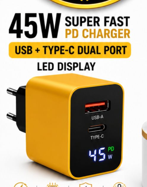 45W Super Fast PD Charger | USB + Type-C Dual Port | Fast Charging Adapter with LED Display