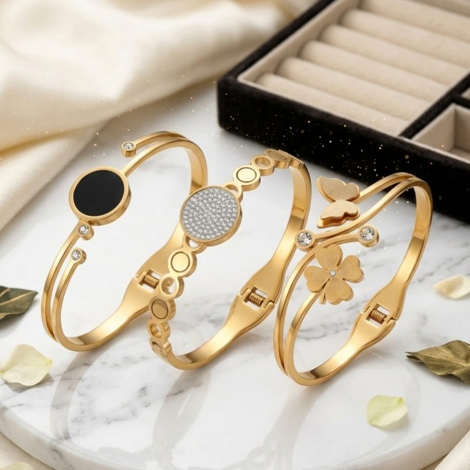Stainless Steel Free Size Bangles for Women – Adjustable Openable Bracelet Set – 3 Elegant Styles – Durable & Tarnish Resistant Jewelry