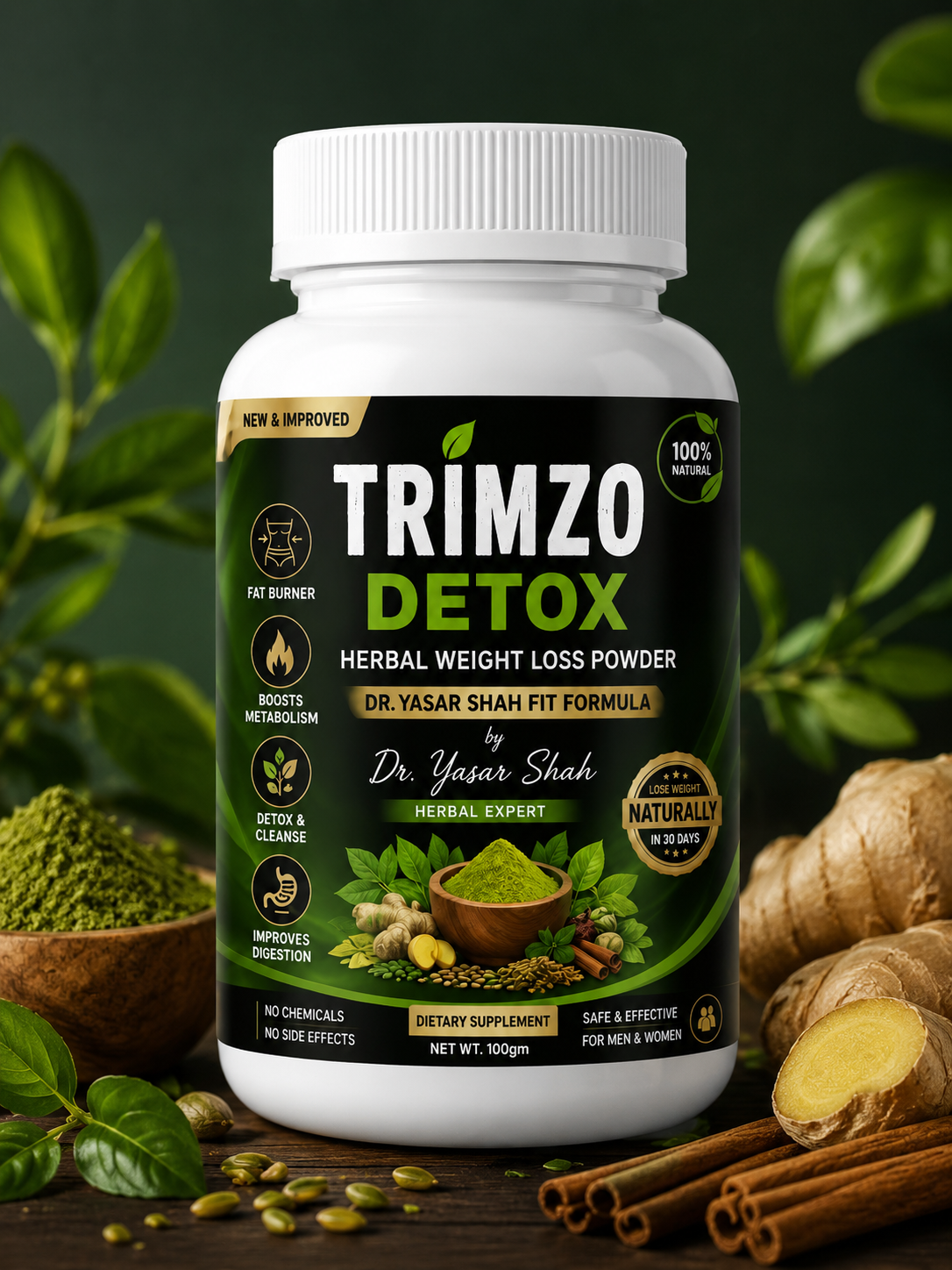 Trimzo Detox Herbal Weight Loss Powder 100g | Natural Fat Burner & Metabolism Booster | Dr. Yasar Shah Fit Formula | Organic Detox Slimming Supplement