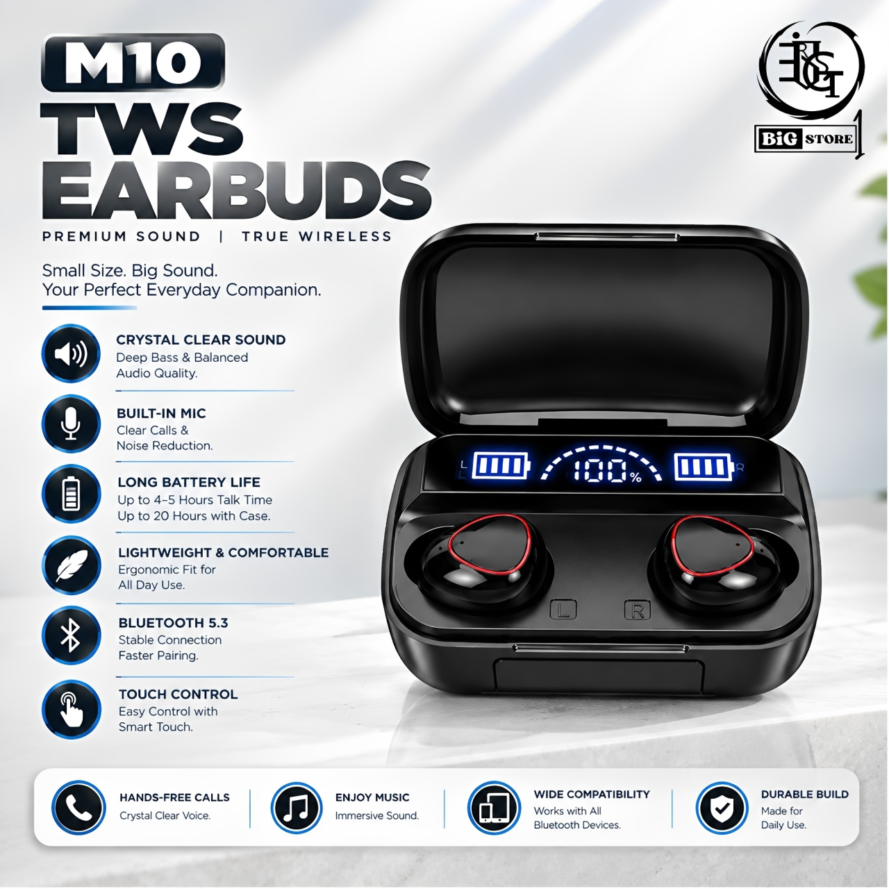 M10 Earbuds TWS (True Wireless Stereo) Bluetooth Handsfree Airbuds Dual Earphones Headset (Connect With All Bluetooth Devices).