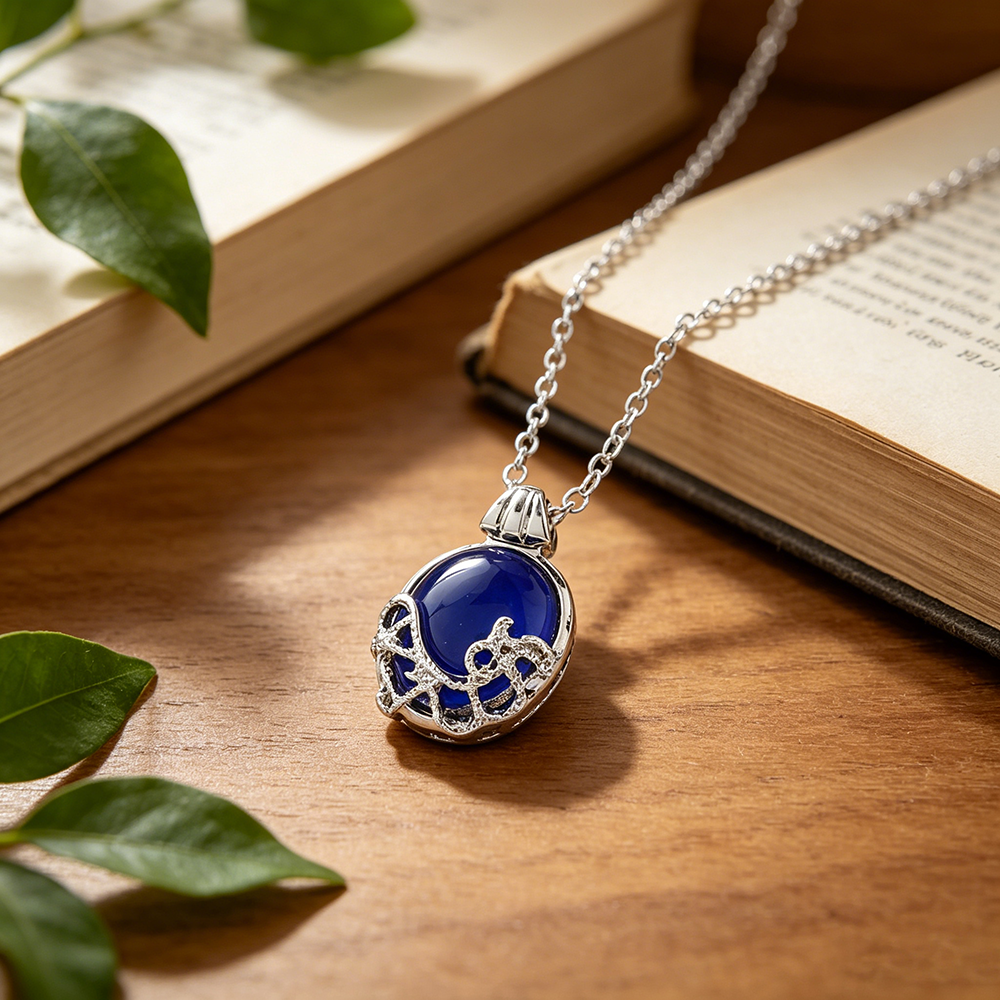 The Vampire Diaries Daylight Necklace, Katherine Pierce Lapis Lazuli Blue Gem Pendant Necklace, Vintage Silver Plated Cosplay
