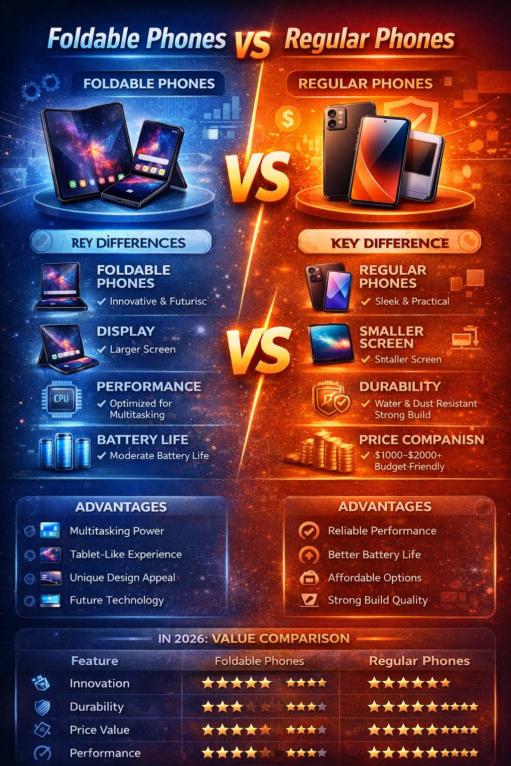 Infographic comparing foldable phones and regular phones features including durability, battery life, price and performance