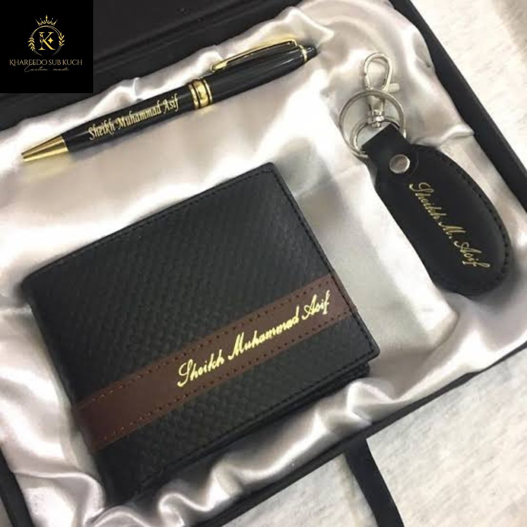 Customized/Personalized Name On Wallet Keychain And Pen With Gift Box Packing, Customized Men's Leather Wallet Keychain Pen (Perfect Gift For Birthday, Wedding, Anniversary Friends And Family)