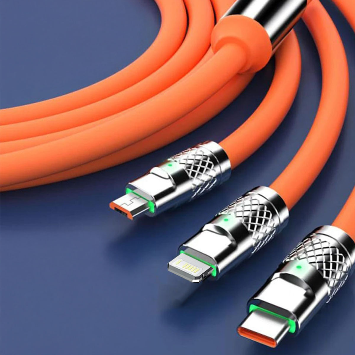 3 in 1 120W Type C Micro USB iOS Data Cable Fast Charging Liquid Silicon Universal for All Smartphones 1.2m