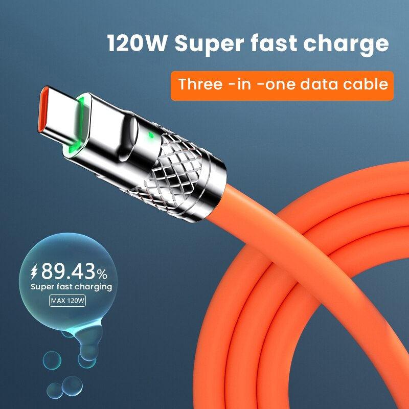 3 In 1 120W Fast Charging Cable – 6A Multi Connector USB Data Cable with LED Night Light