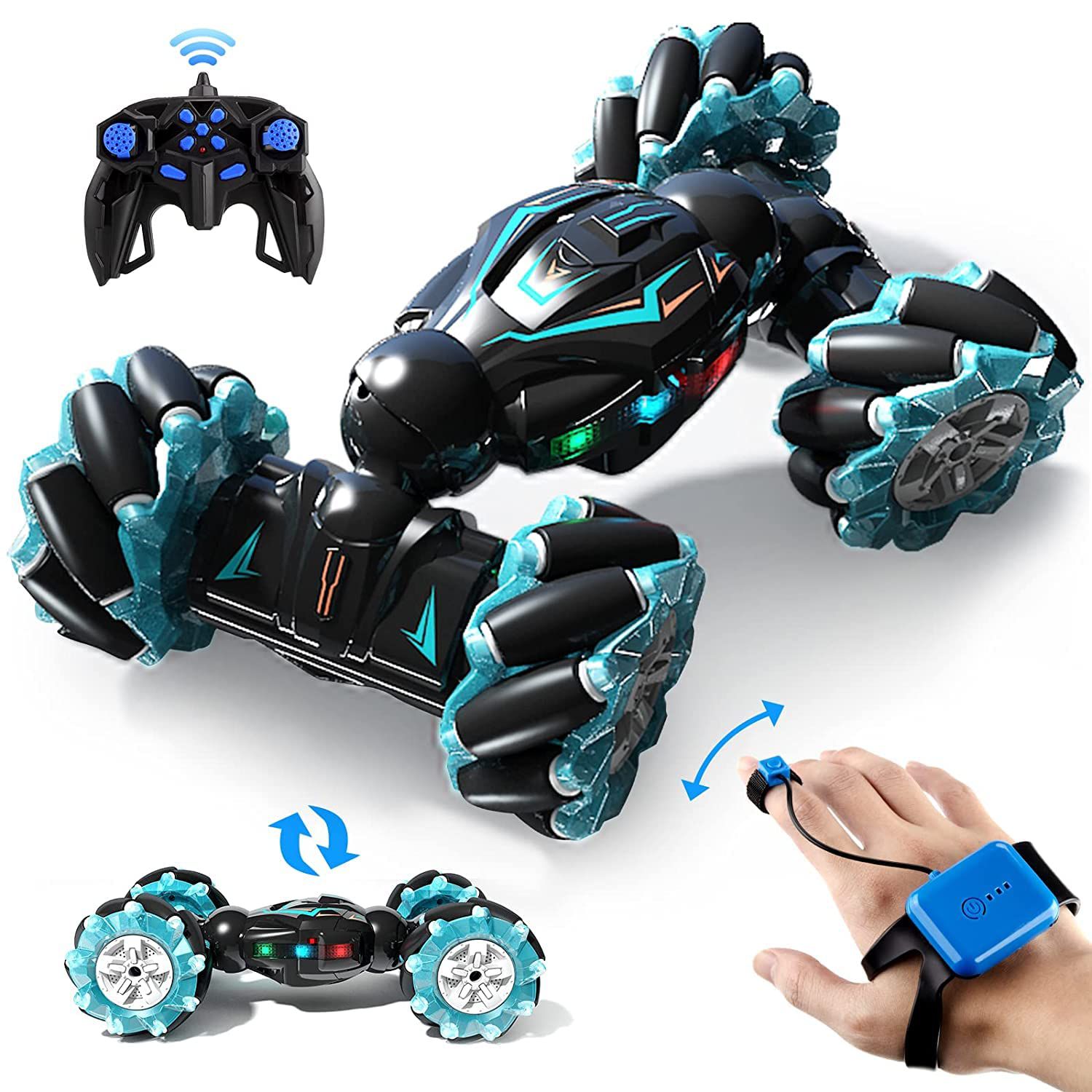 RC Stunt Car, 2.4GHz 4WD Remote Control Gesture Car Sensor Toy, Double Sided Rotating Off Road Vehicle 360° Flips with Lights Music, for Boys & Girls, Multi