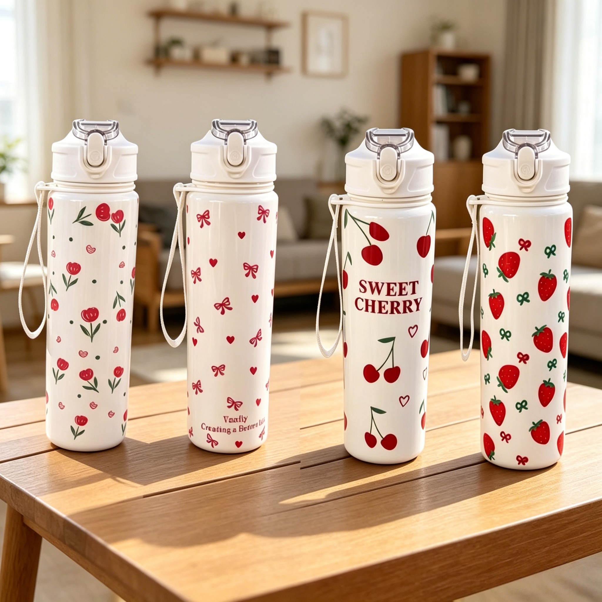 750ML White Water Bottle Full Printed Cartoon Strawberry Bow Flower, Fade Resistant Leakproof Reusable Stylish Cup for Sports