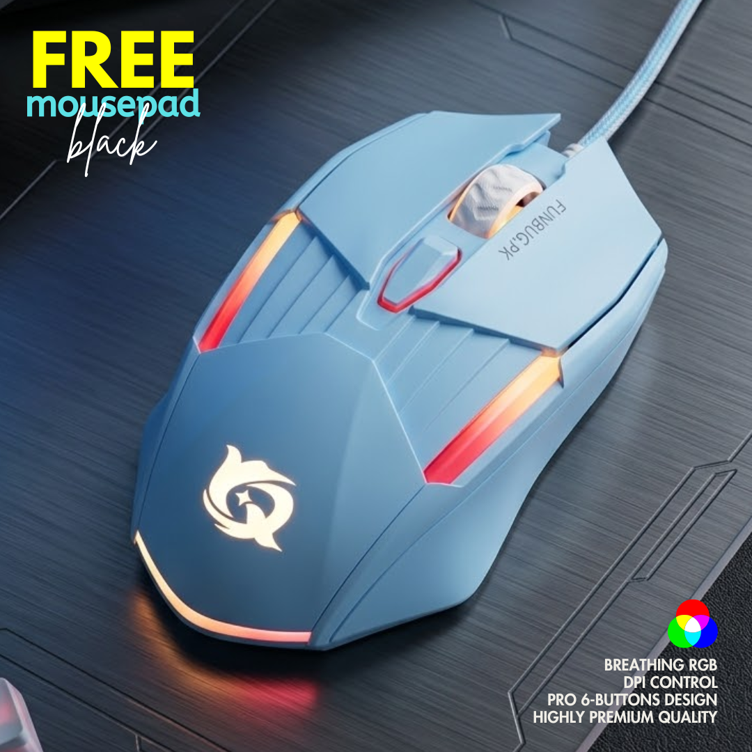 High Performance Ergonomic Gaming Mouse with 6 Programmable Buttons & RGB Breathing Lights | Silent Clicks, Adjustable 3200 DPI, 1.5M Fiber Wire Optical Mice for PC, Laptop, Pubg Mobile with FREE MousePad by FunBug
