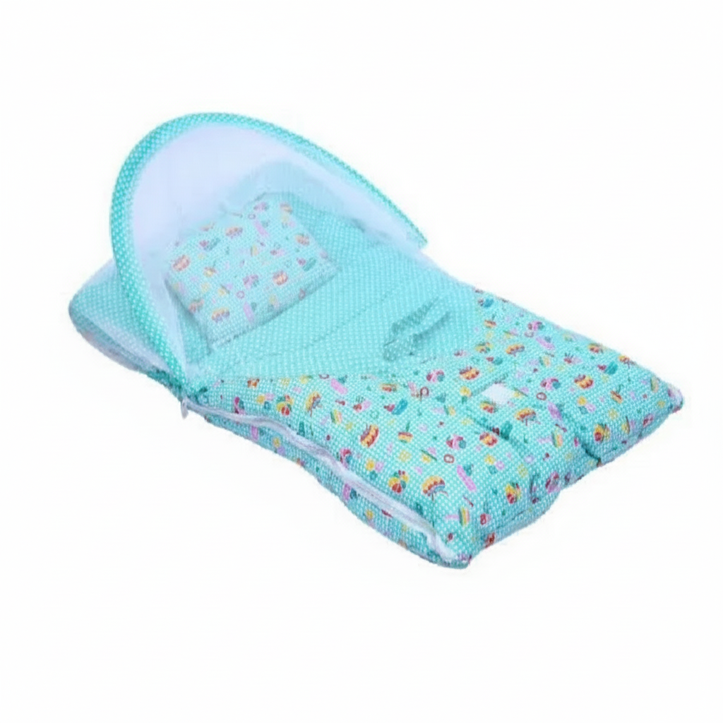 High Quality Baby Half Net Bister with Soft Mattress | Premium Newborn Sleeping Bed with Mosquito Protection | Comfortable & Breathable Baby Bister | For Newborns & Infants | Random Colours & Cute Designs