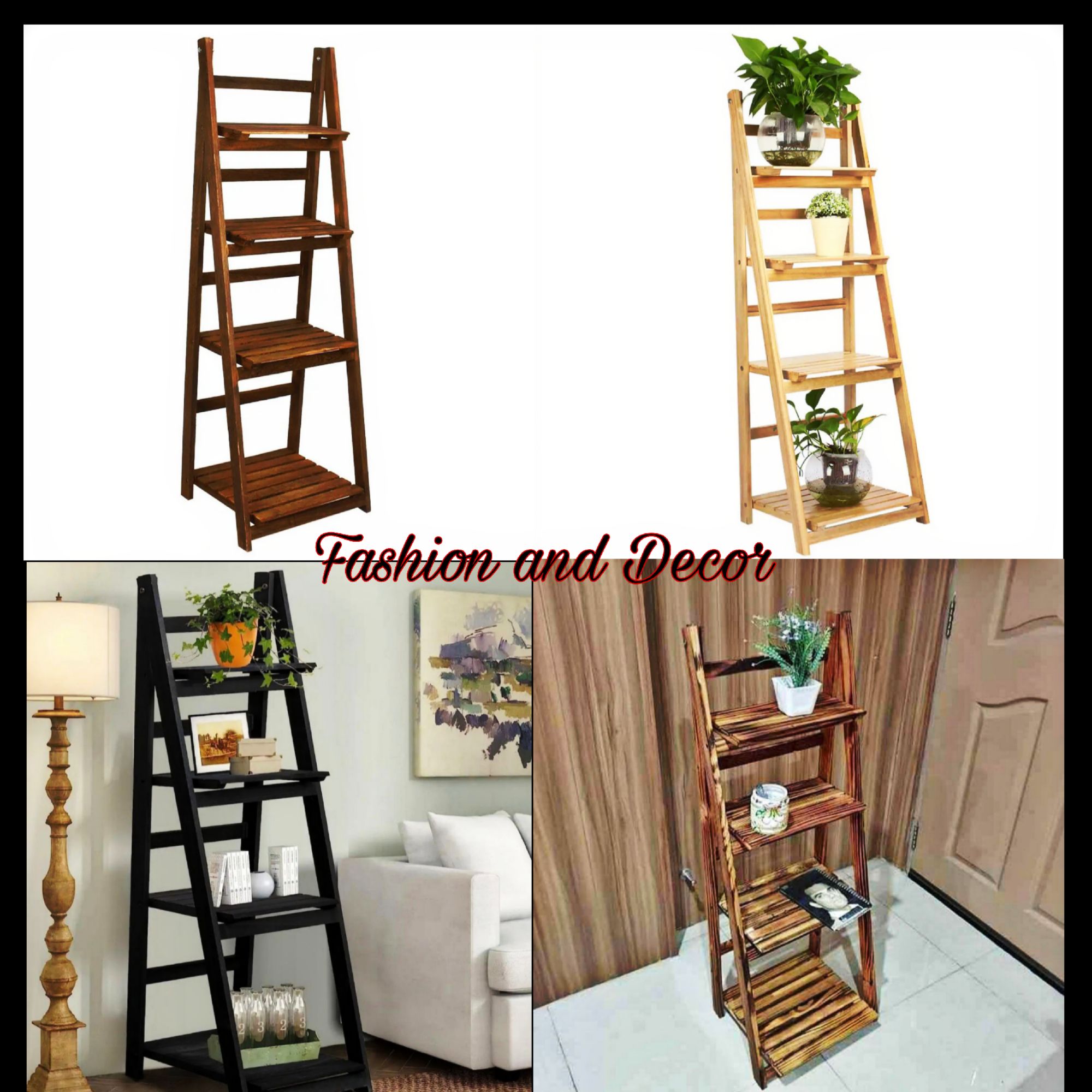 4 Tier Foldable Wooden Plant Stand - Ladder Shelf For Indoor/Outdoor Plants, Books, & Display