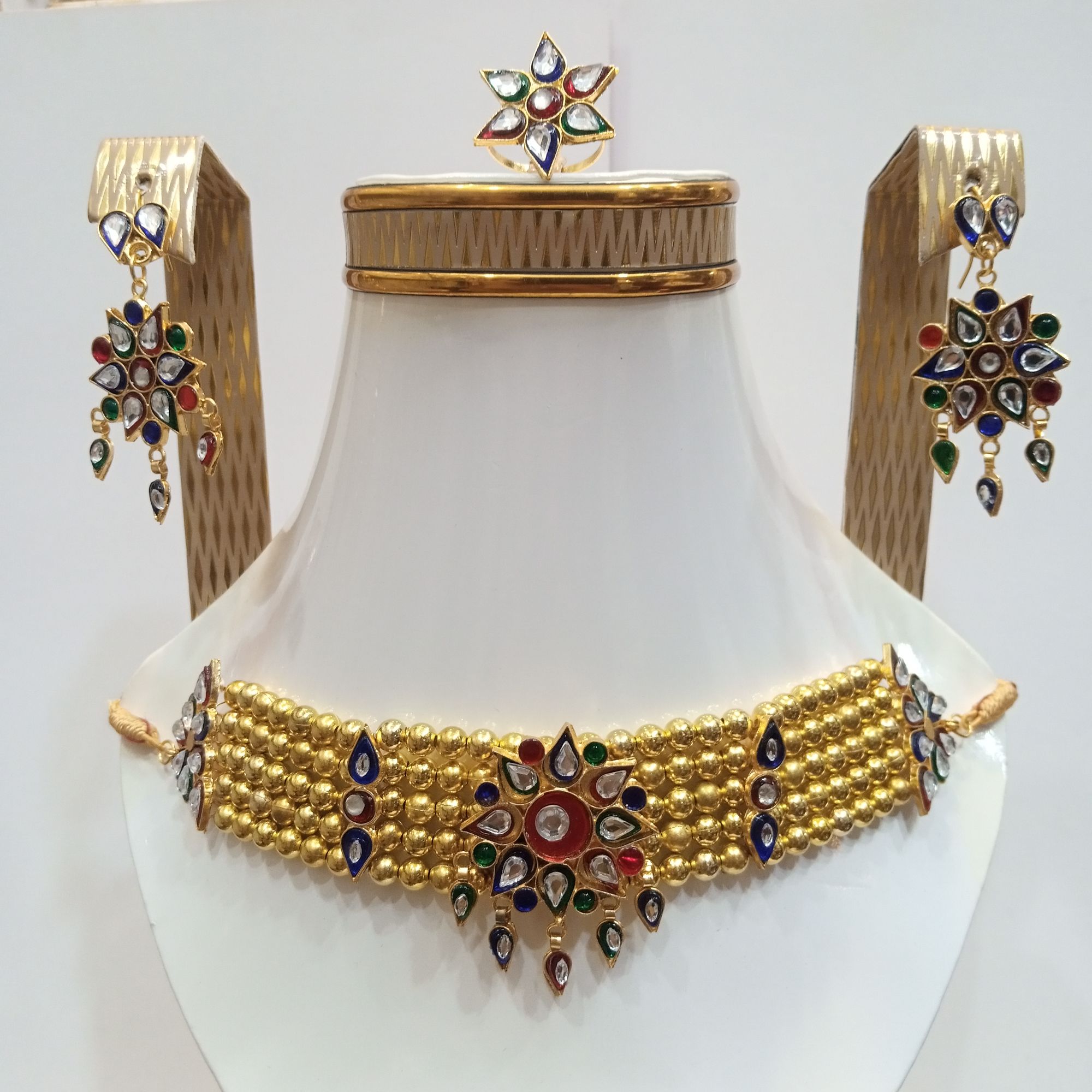Gold Plated Kundan Jewelry Set | Choker, Jhumki & Ring | Traditional Wedding Set - Raaikal Jewels