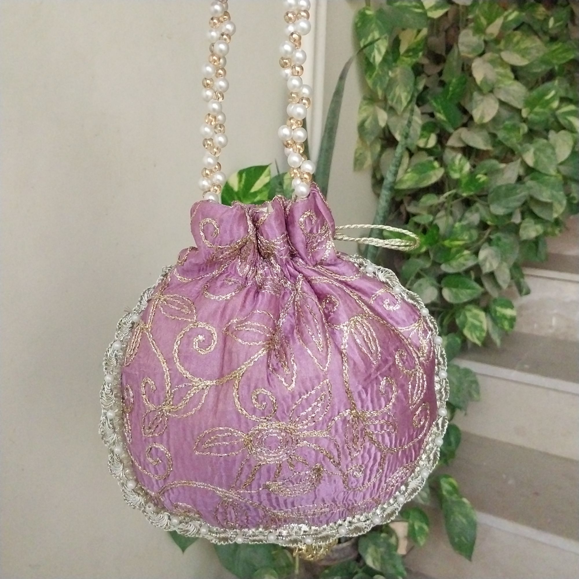 Embroidered Potli Clutch Bag with Pearl Handle for Party Wear