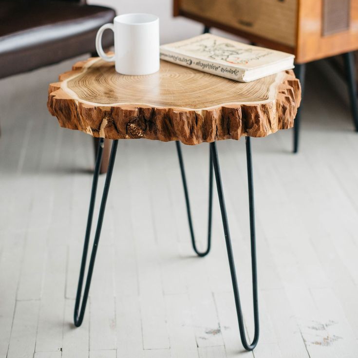 Live edge Coffee Table - Rustic Nesting Coffee Table - Mid Century Wood Slab Coffee Table with Hairpin legs - Retro Accent Center Table for living Room - Old Elm End Wooden Coffee/Side Table for Sofa -  Handmade Round Coffee Table
