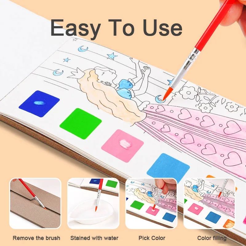 Kids Portable Watercolor Painting Book Paint With Water Brush Gouachi  Graffiti Picture Coloring Drawing 12 sheets