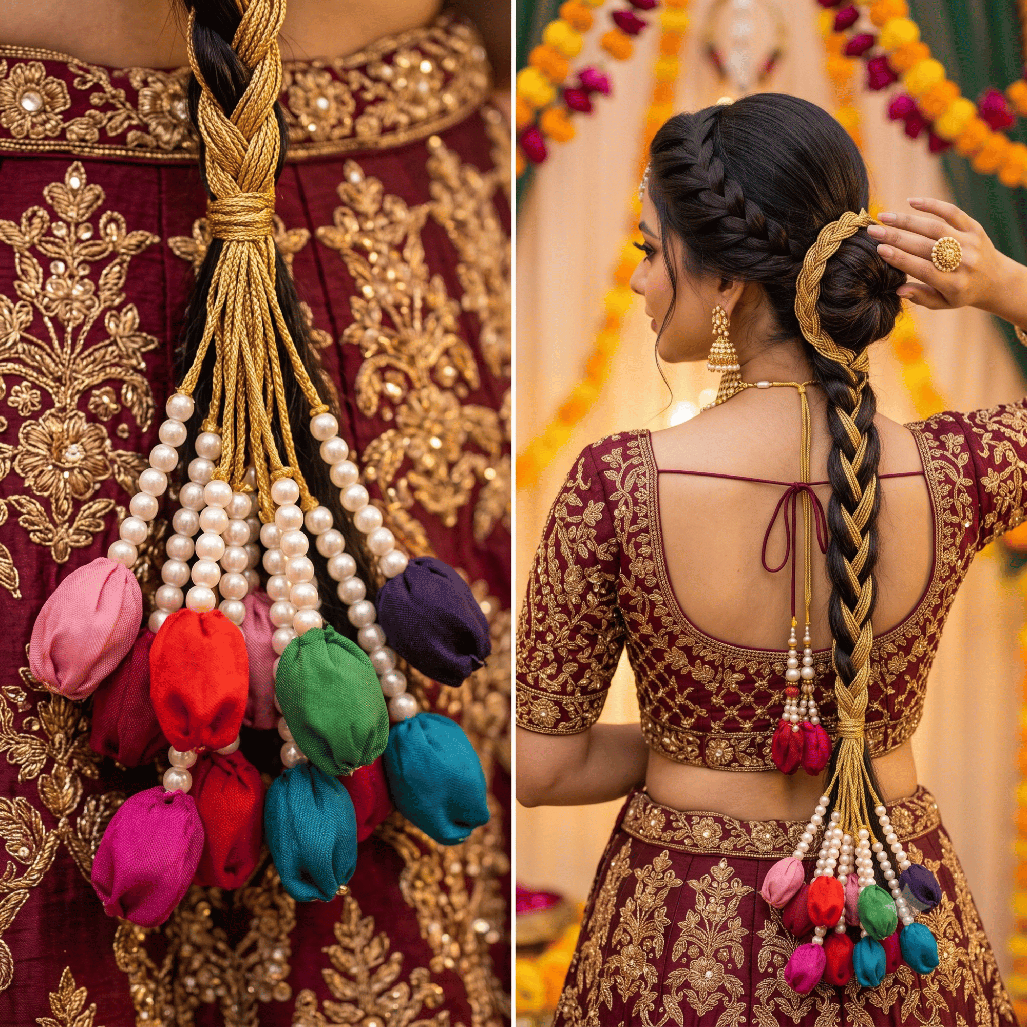 Bridal Paranda Tulip Style Hair Accessory | Wedding Mehndi Hair Braid Tassel with Pearl Beads for Women & Girls | Traditional Pakistani Bridal Hairstyle Accessory
