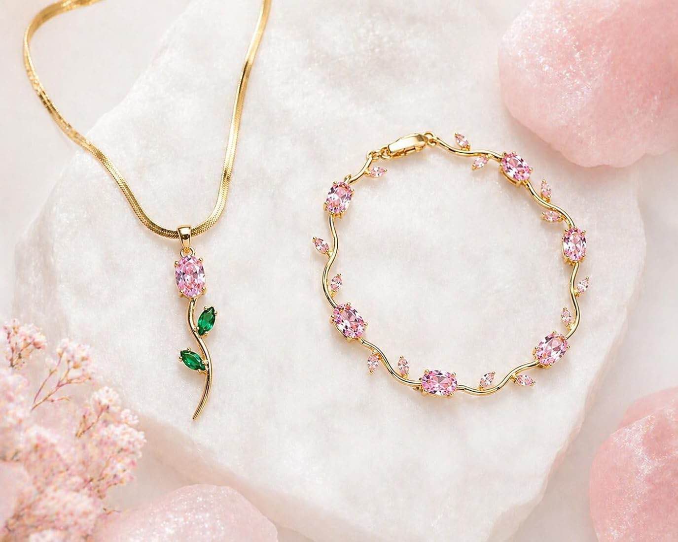 Korean Style Pink Crystal Flower Pendant Necklace & Vine Bracelet Jewelry Set for Girls (2 Pcs)