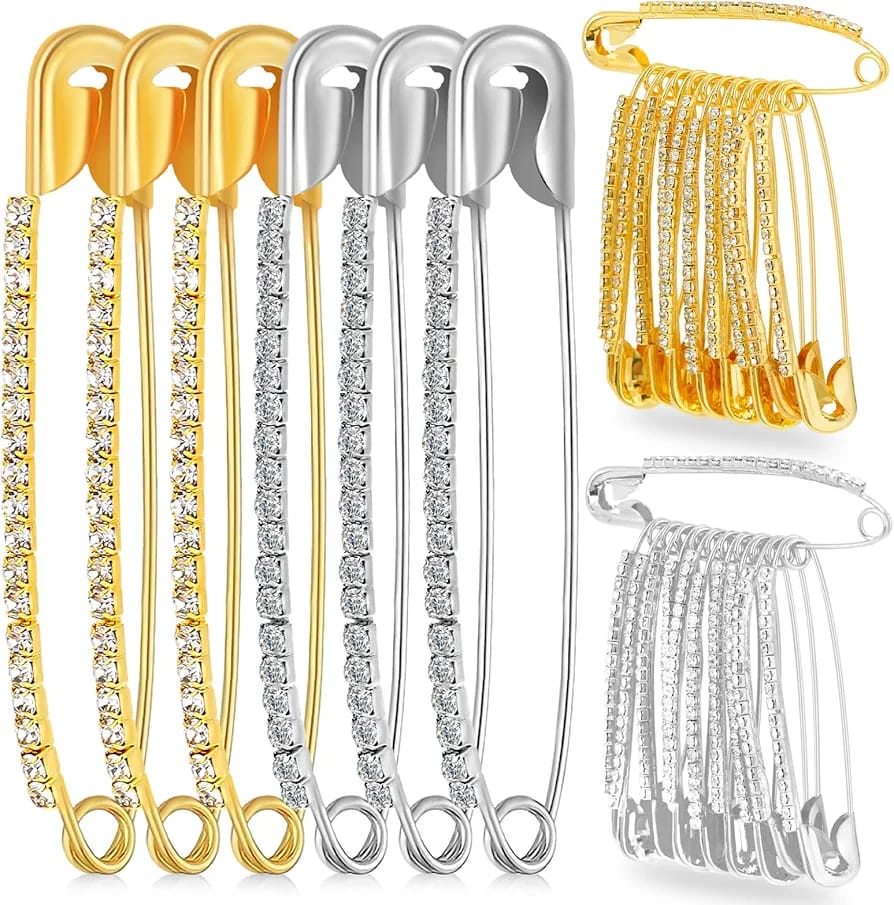 Pack of 6 pcs Traditional Diamond Stone Hijab Safety Pins and Brooches for Dresses Sari Pleats Lehanga Kurtis