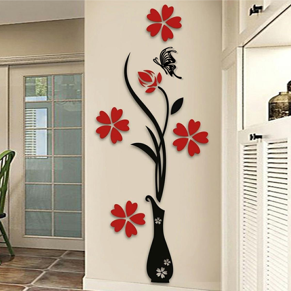 Red and Black Butterfly Vase Wall Art, Premium MDF and Acrylic Home Decoration, Extra Large 12x32 inches, Modern 3D Floral Design