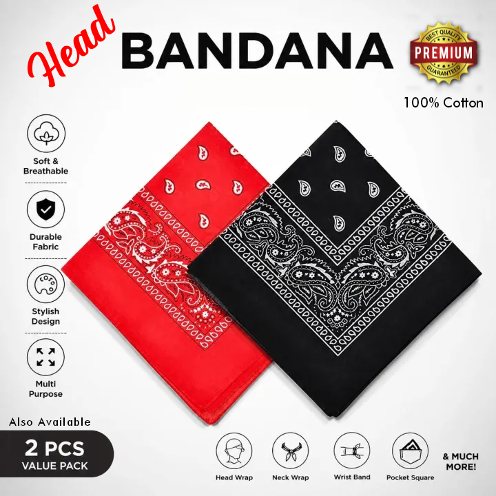 Bandana Head Scarf Unisex paisley bandana for Men and Women - Trending Paisley Bandana Scarf Cotton Ethnic Bandana Black and Red Colors - Head Warp Scarf (Rumaal) for Boys and Girls